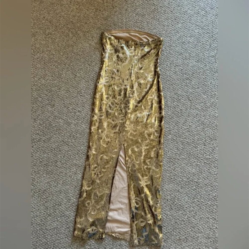 Anthropologie If by Sea Maxi Strapless Gold Sequence Dress size S - Picture 8 of 11